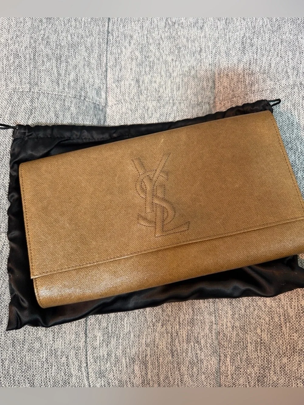 Saint Laurent Olive Brown YSL Embossed Leather Clutch